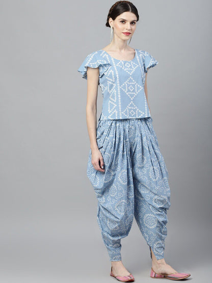 Women's Blue & White Printed Top With Dhoti Pant