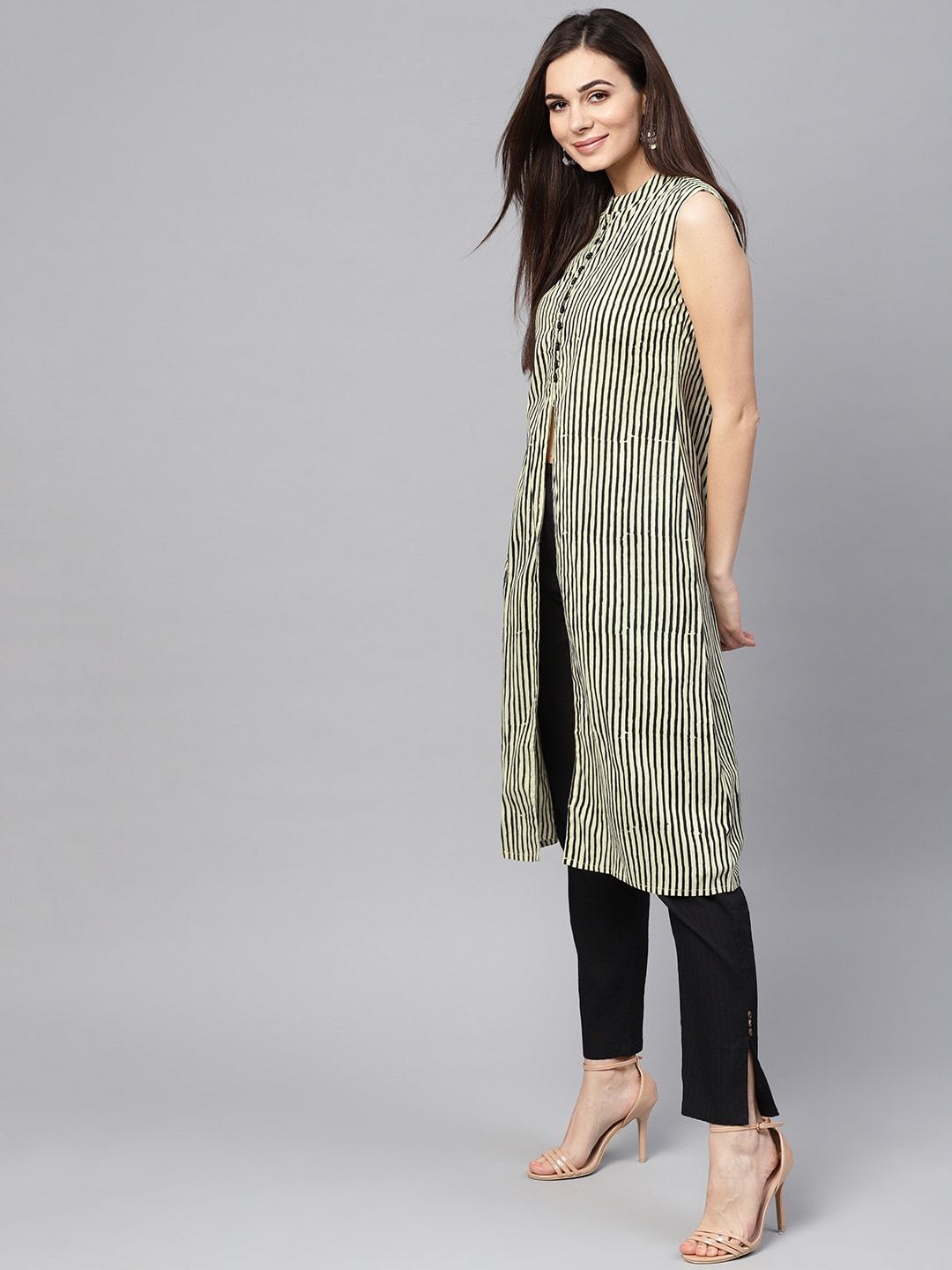 Women's  Cream-Coloured & Black Striped A-Line Kurta