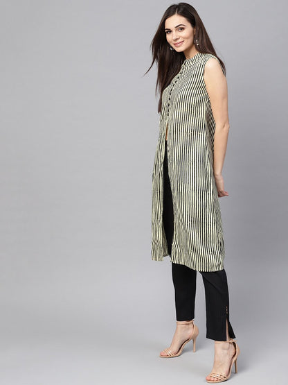 Women's  Cream-Coloured & Black Striped A-Line Kurta