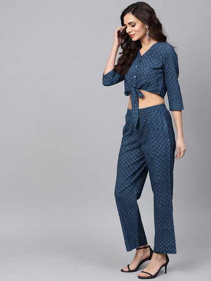 Women's  Navy Blue Handblock Print Crop Top with Palazzos