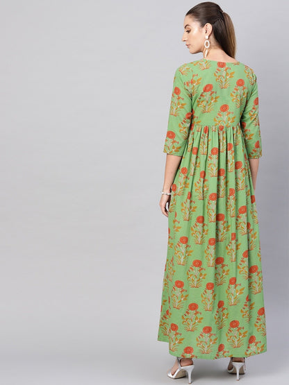 Women's  Green & Orange Floral Print Maxi Dress