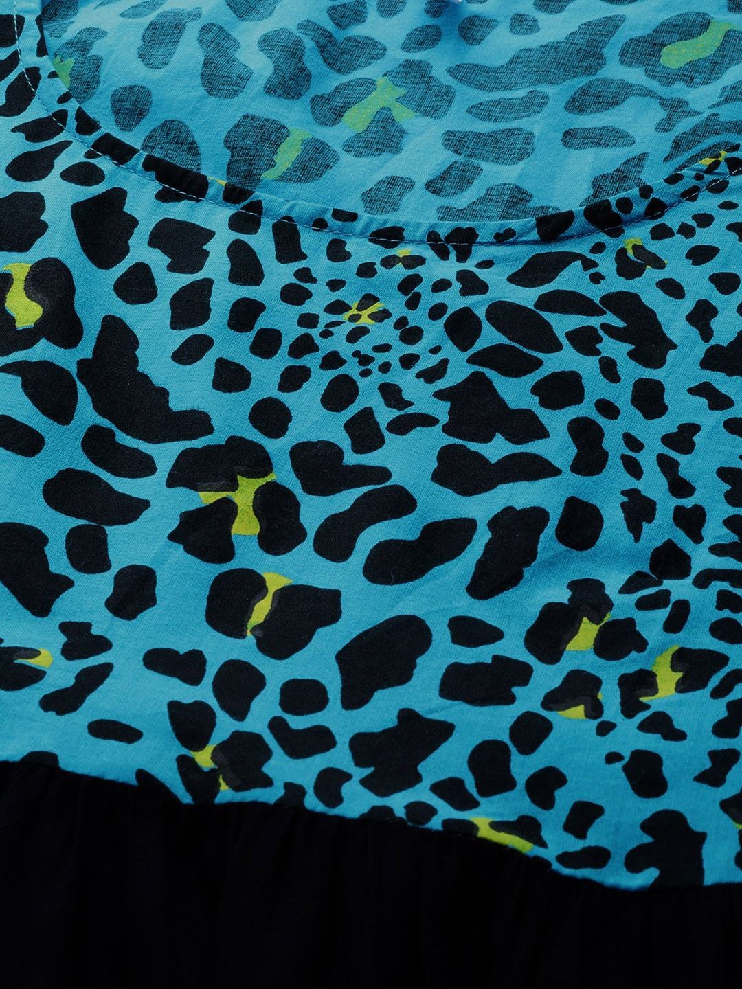 Women's  Blue & Black Animal Printed A-Line Tiered Dress