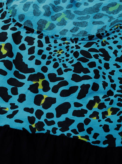 Women's  Blue & Black Animal Printed A-Line Tiered Dress