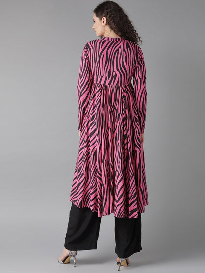 Women's  Pink & Black Printed Anarkali Kurta