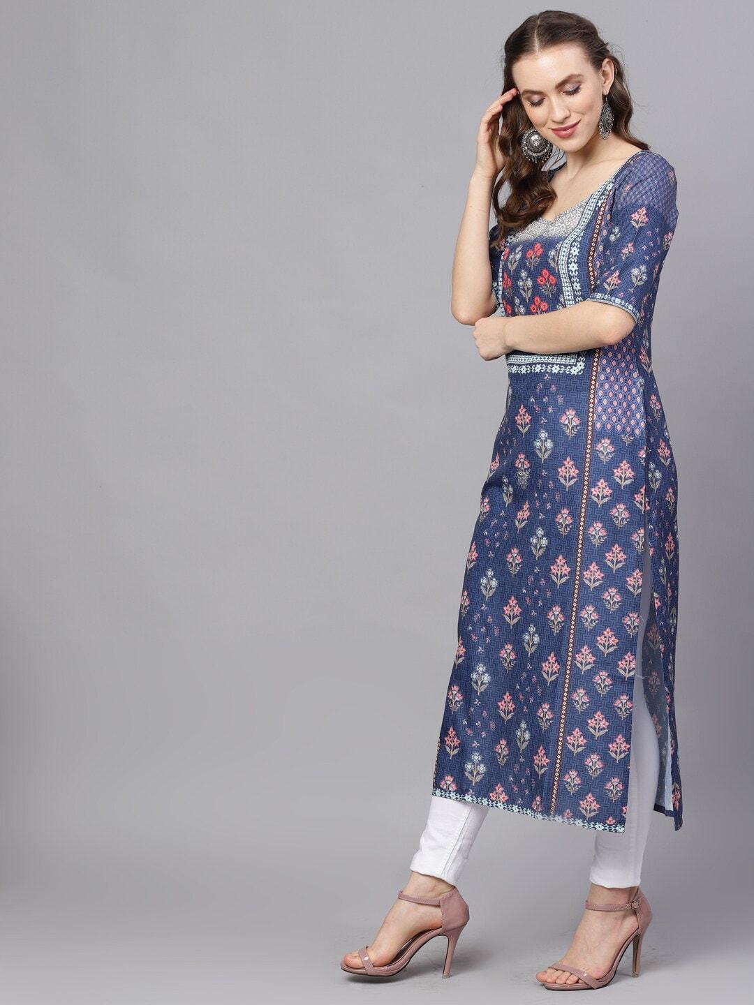 Women's  Blue Printed A-Line Kurta