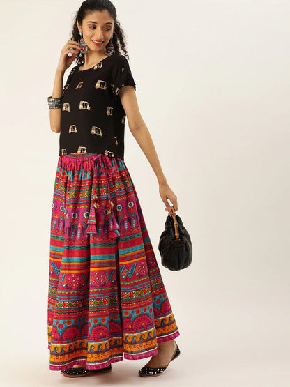 Women's Pink & Yellow Printed Flared Palazzos
