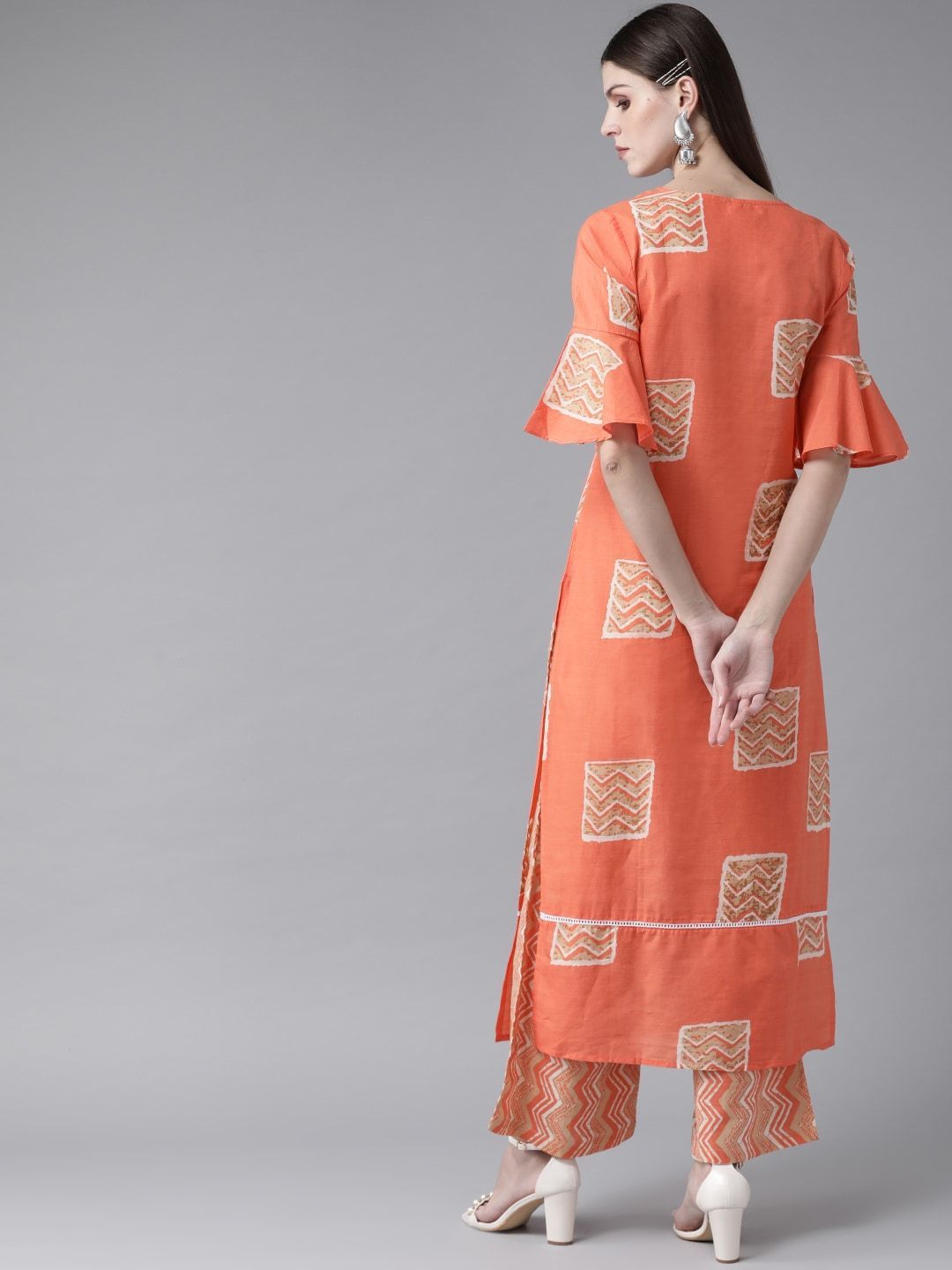 Women's  Orange & Beige Printed Kurta with Palazzos