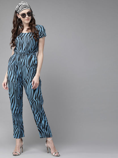 Women's  Blue & Black Animal Print Basic Jumpsuit