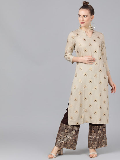 Women's  Nude-Coloured & Brown Foil Printed Kurta with Palazzos