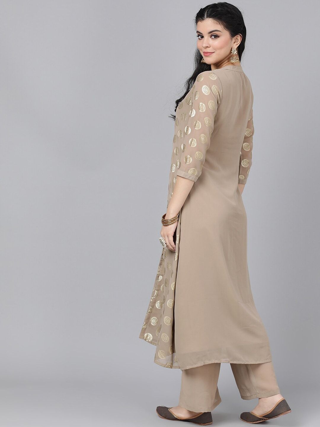 Women's  Taupe & Gold-Toned Woven Design A-Line Kurta