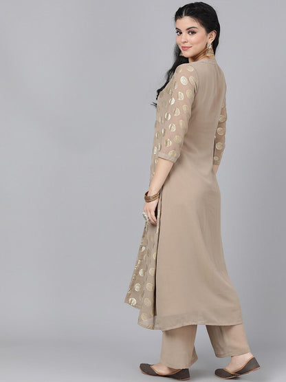 Women's  Taupe & Gold-Toned Woven Design A-Line Kurta
