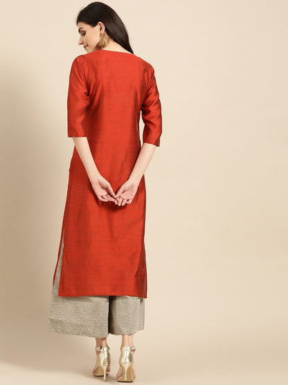 Women's Rust Red & Green Yoke Design Straight Kurta With Zari Detail
