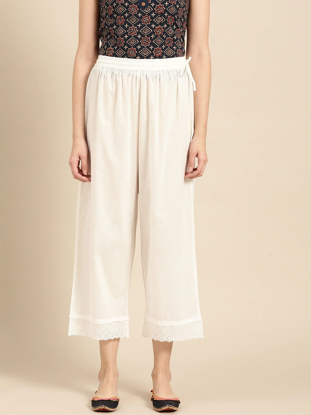 Women's White Schiffli Hem Design Straight Cropped Palazzos