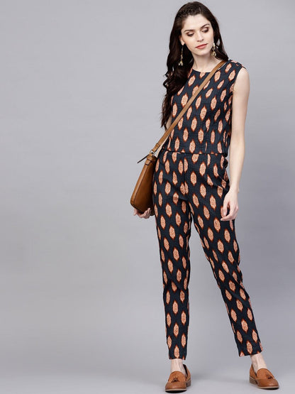 Women's  Navy Blue & Orange Regular Fit Printed Trousers With Pintucks