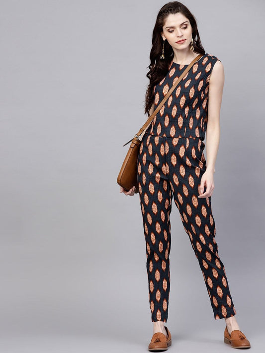 Women's  Navy Blue & Orange Regular Fit Printed Trousers With Pintucks