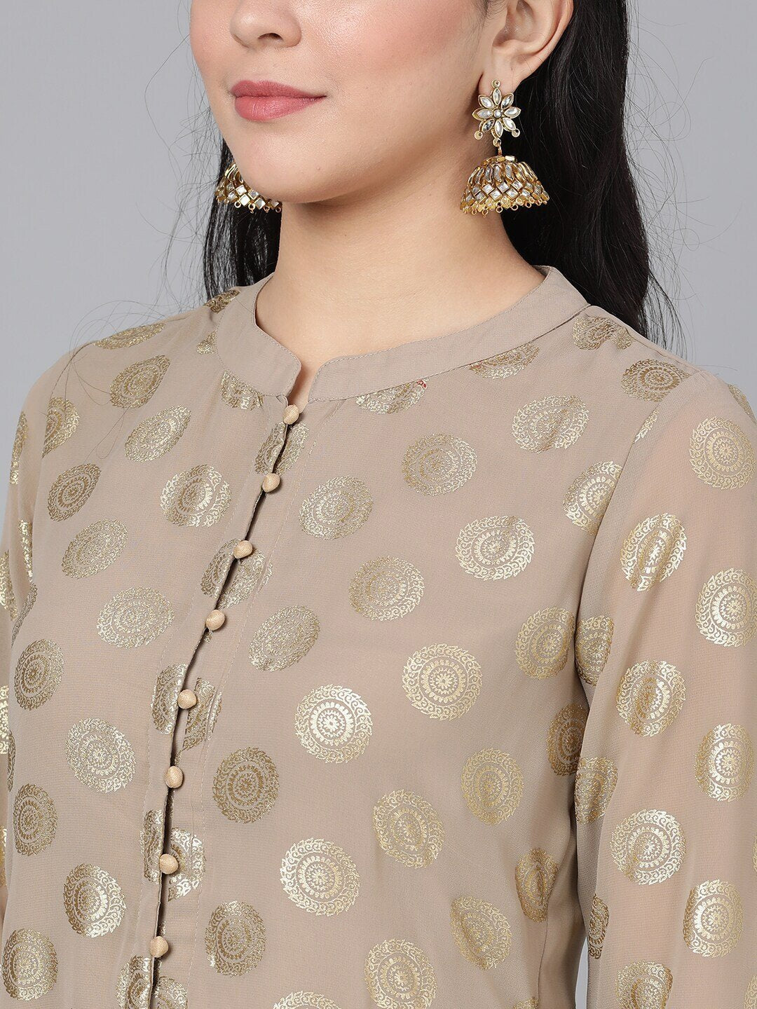 Women's  Taupe & Gold-Toned Woven Design A-Line Kurta