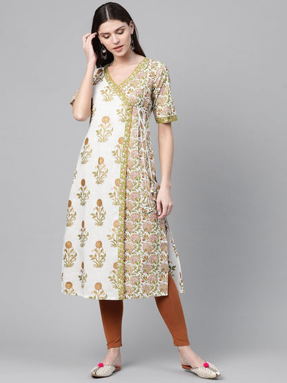 Women's  White & Green Angrakha Printed Straight Kurta