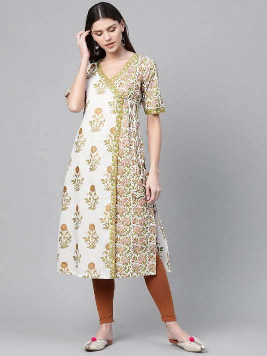 Women's  White & Green Angrakha Printed Straight Kurta
