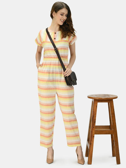 Women's Multicolor Cotton Printed Short Sleeve Round Neck Casual Jumpsuit