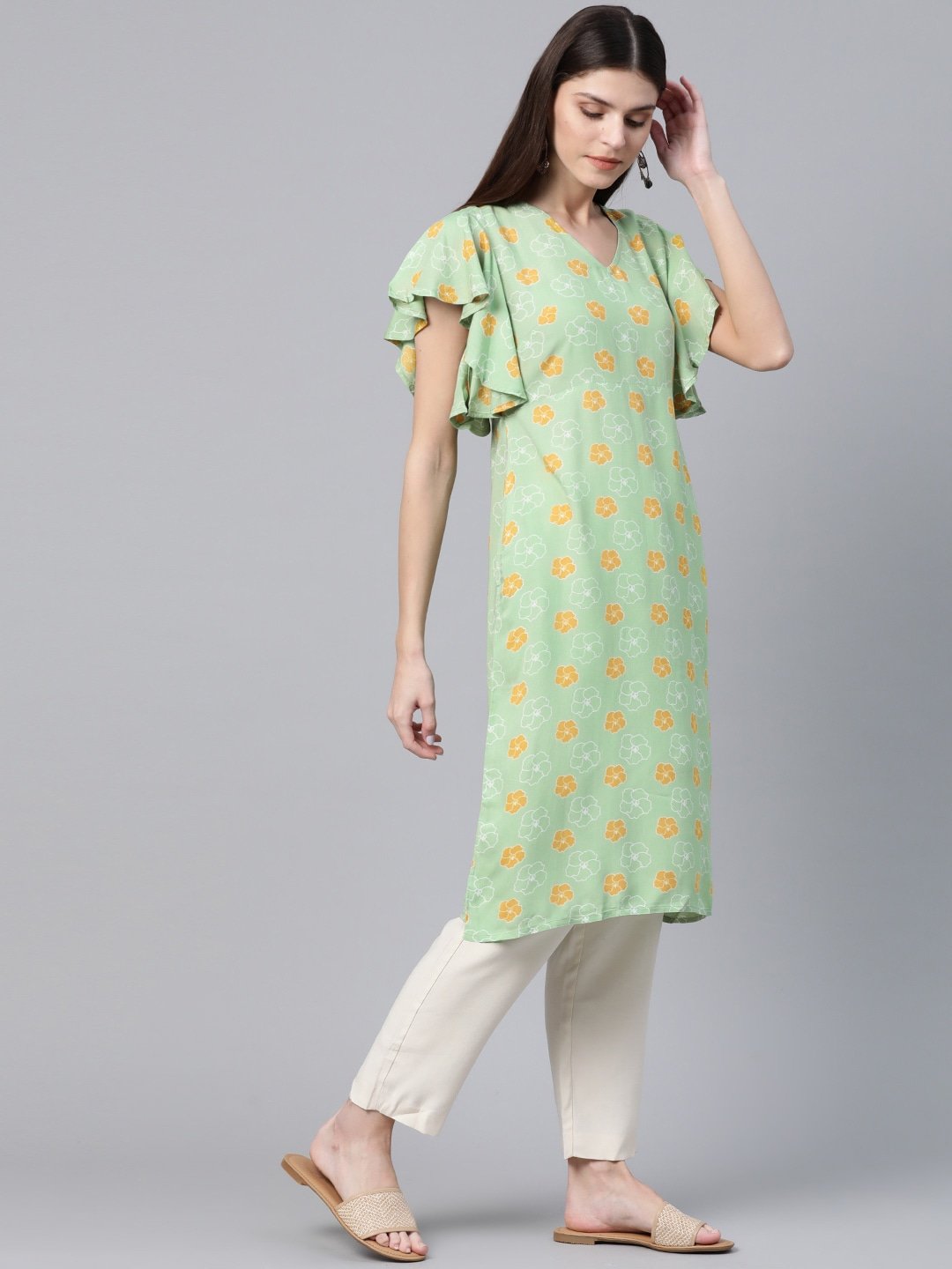 Women's  Green & Mustard Yellow Floral Printed Flutter Sleeves Long Tunic