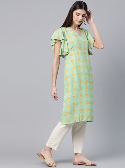 Women's  Green & Mustard Yellow Floral Printed Flutter Sleeves Long Tunic