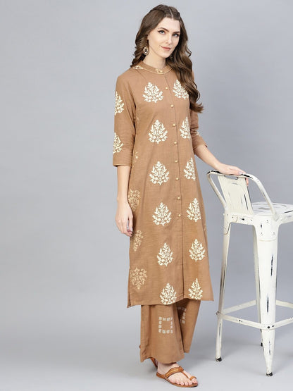 Women's  Brown & Off-White Khari Print Kurta with Palazzos