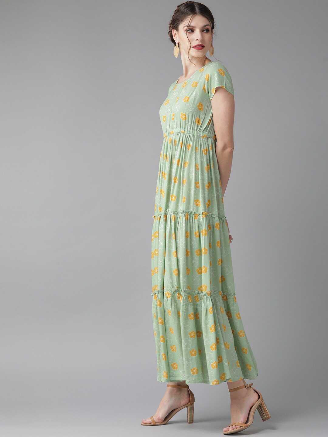 Women's  Green & Mustard Yellow Printed Tiered Maxi Dress