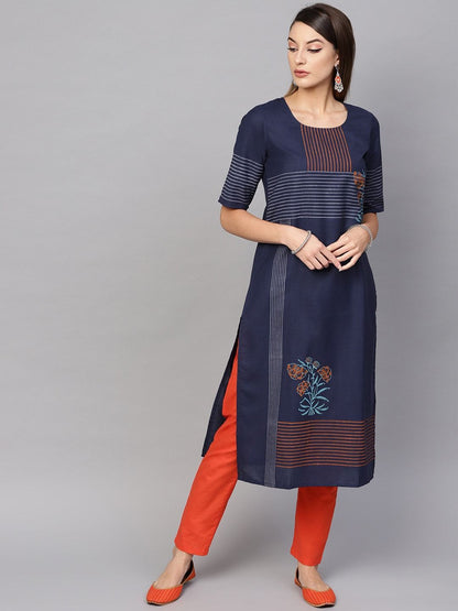 Women's  Navy Blue & Orange Block Print Straight Kurta