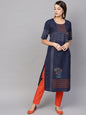 Women's  Navy Blue & Orange Block Print Straight Kurta