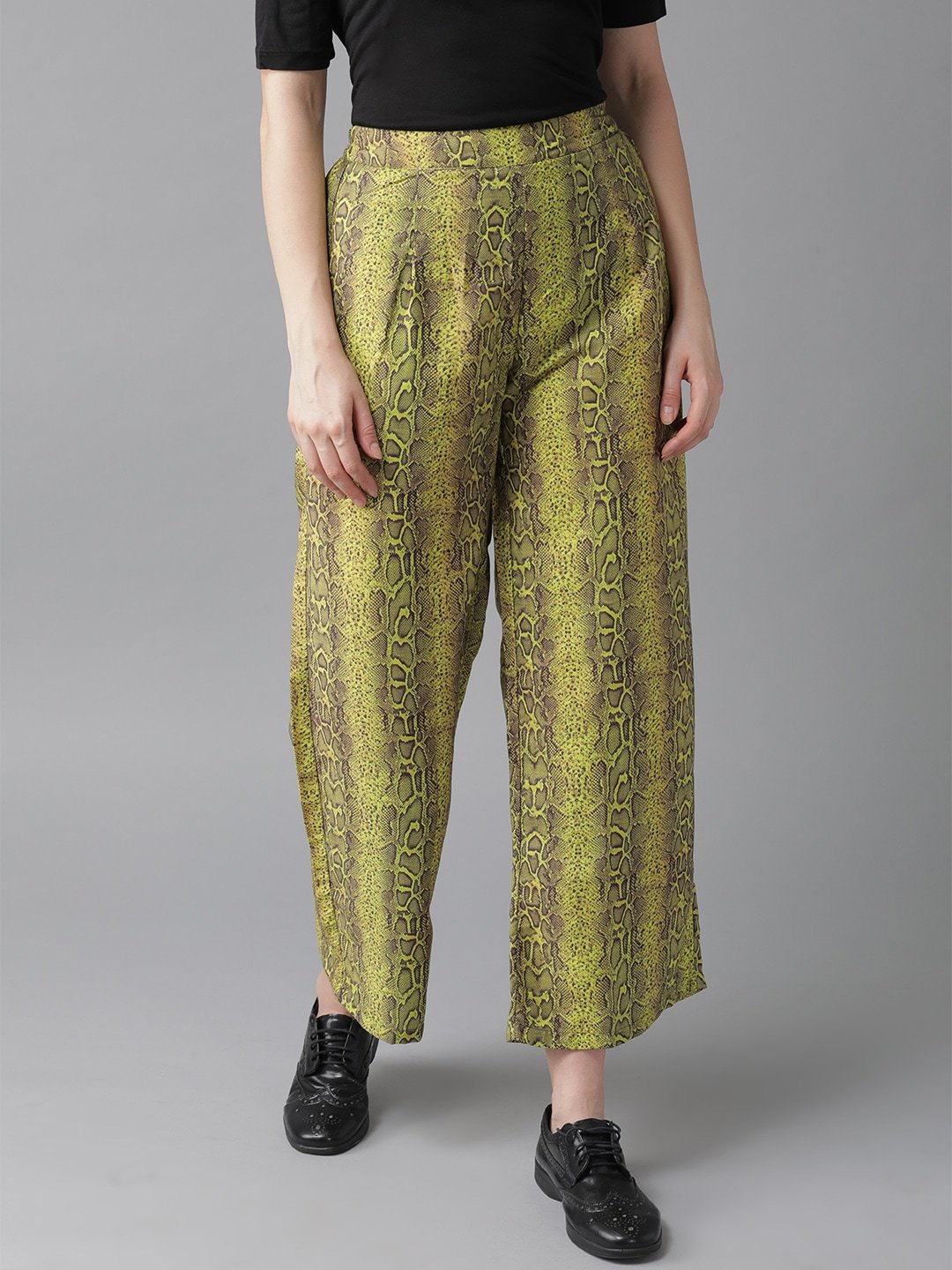 Women's  Lime Green & Coffee Brown Snakeskin Print Cropped Straight Palazzos
