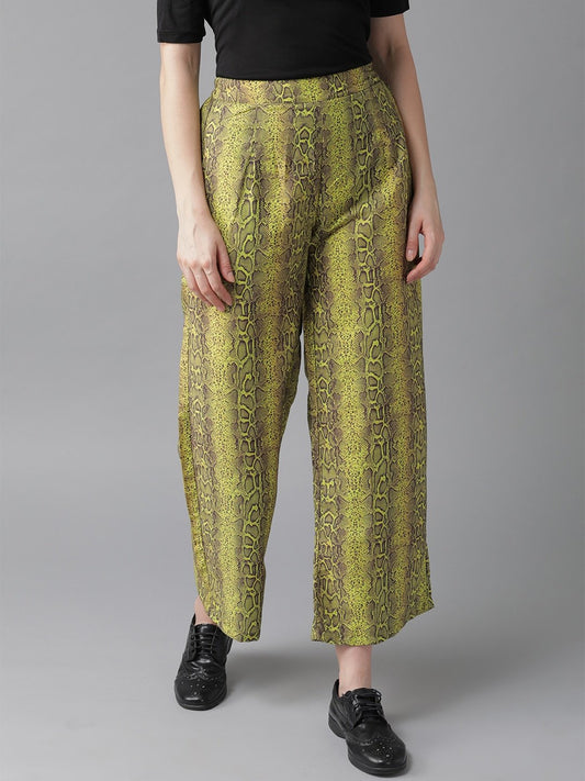 Women's  Lime Green & Coffee Brown Snakeskin Print Cropped Straight Palazzos
