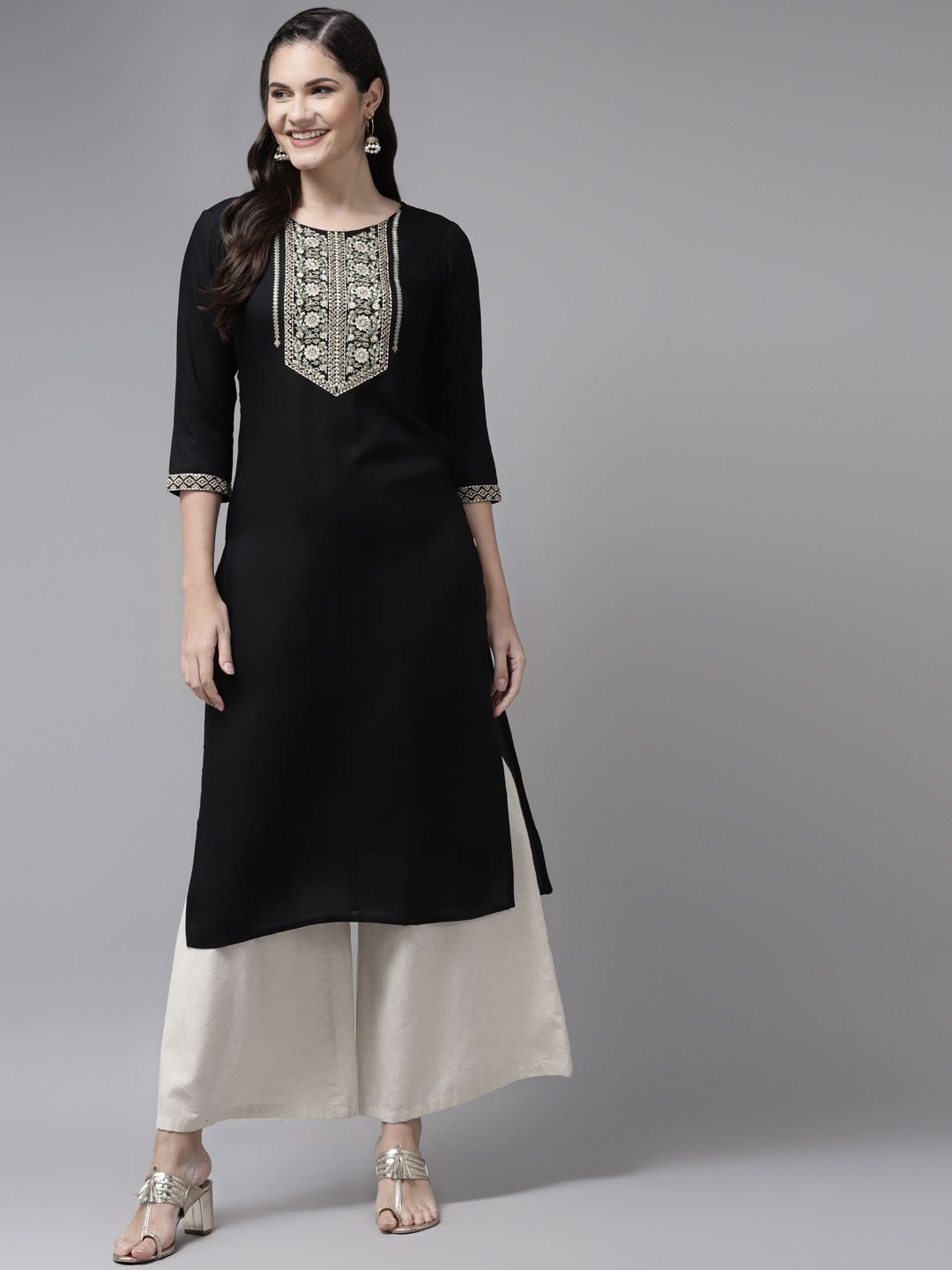Women's Black Ethnic Motifs Yoke Design Kurta