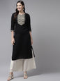 Women's Black Ethnic Motifs Yoke Design Kurta