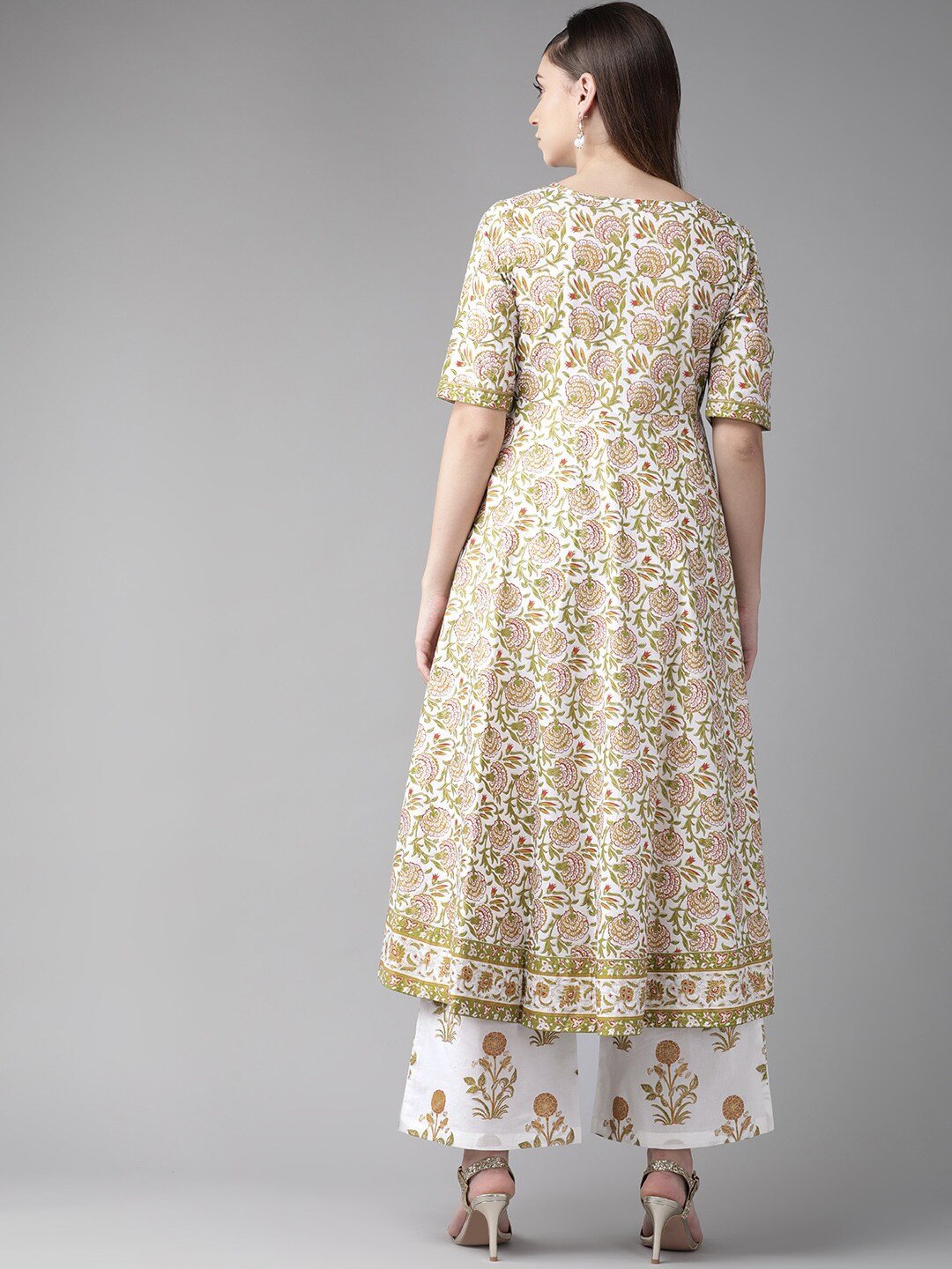 Women's  White & Olive Green Floral Print Angrakha Anarkali Kurta