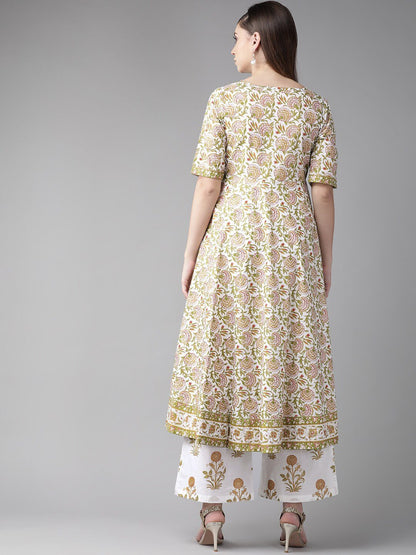 Women's  White & Olive Green Floral Print Angrakha Anarkali Kurta