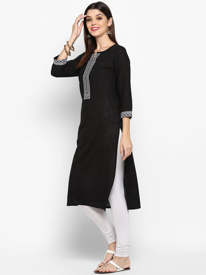 Women's Black Cotton Straight Kurta By Vbuyz (1