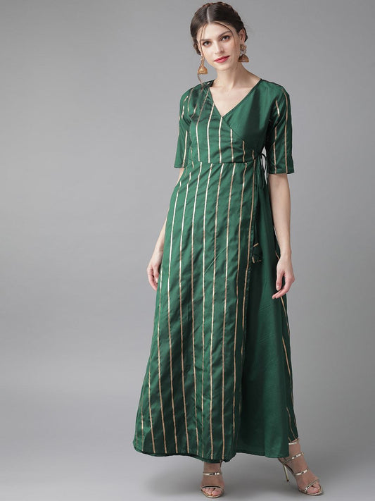 Women's  Green & Golden Striped Wrap Maxi Dress