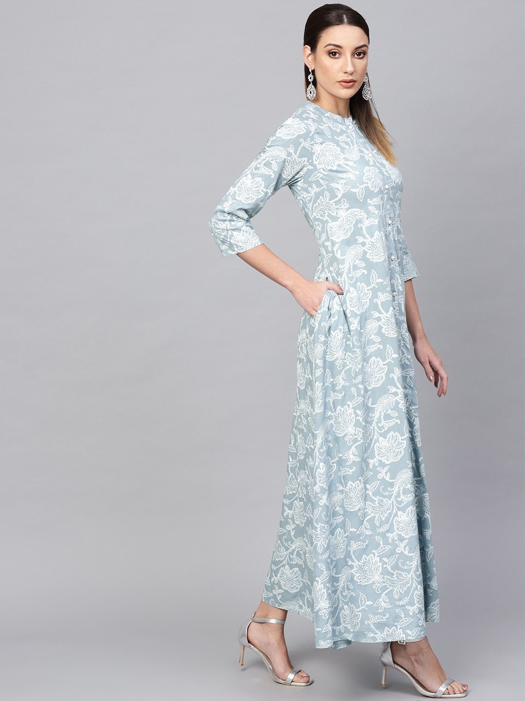 Women's  Blue & White Khari Floral Print Maxi Dress