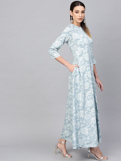 Women's  Blue & White Khari Floral Print Maxi Dress