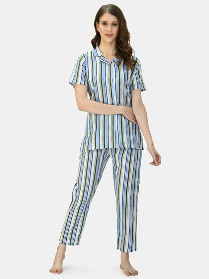 Women's Multicolor Cotton Printed Half Sleeve Coller Casual Night Suit