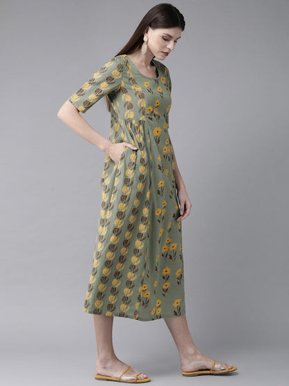 Women's  Green & Yellow Printed A-Line Dress