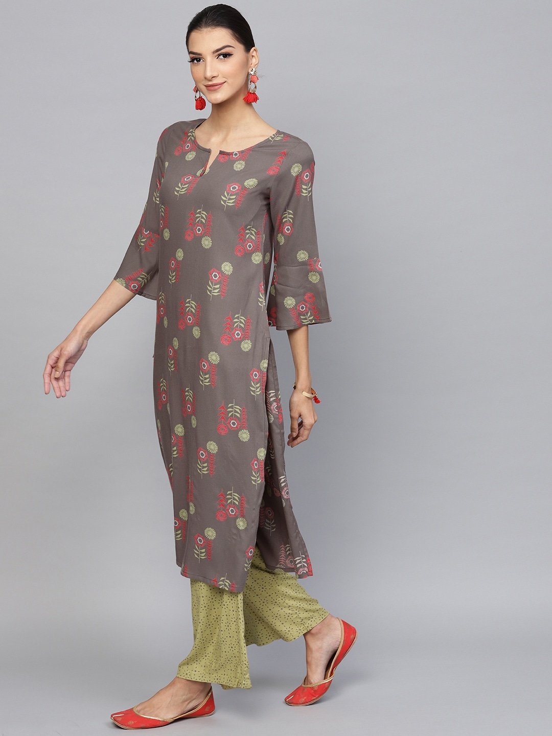 Women's  Taupe & Green Printed Kurta with Palazzos