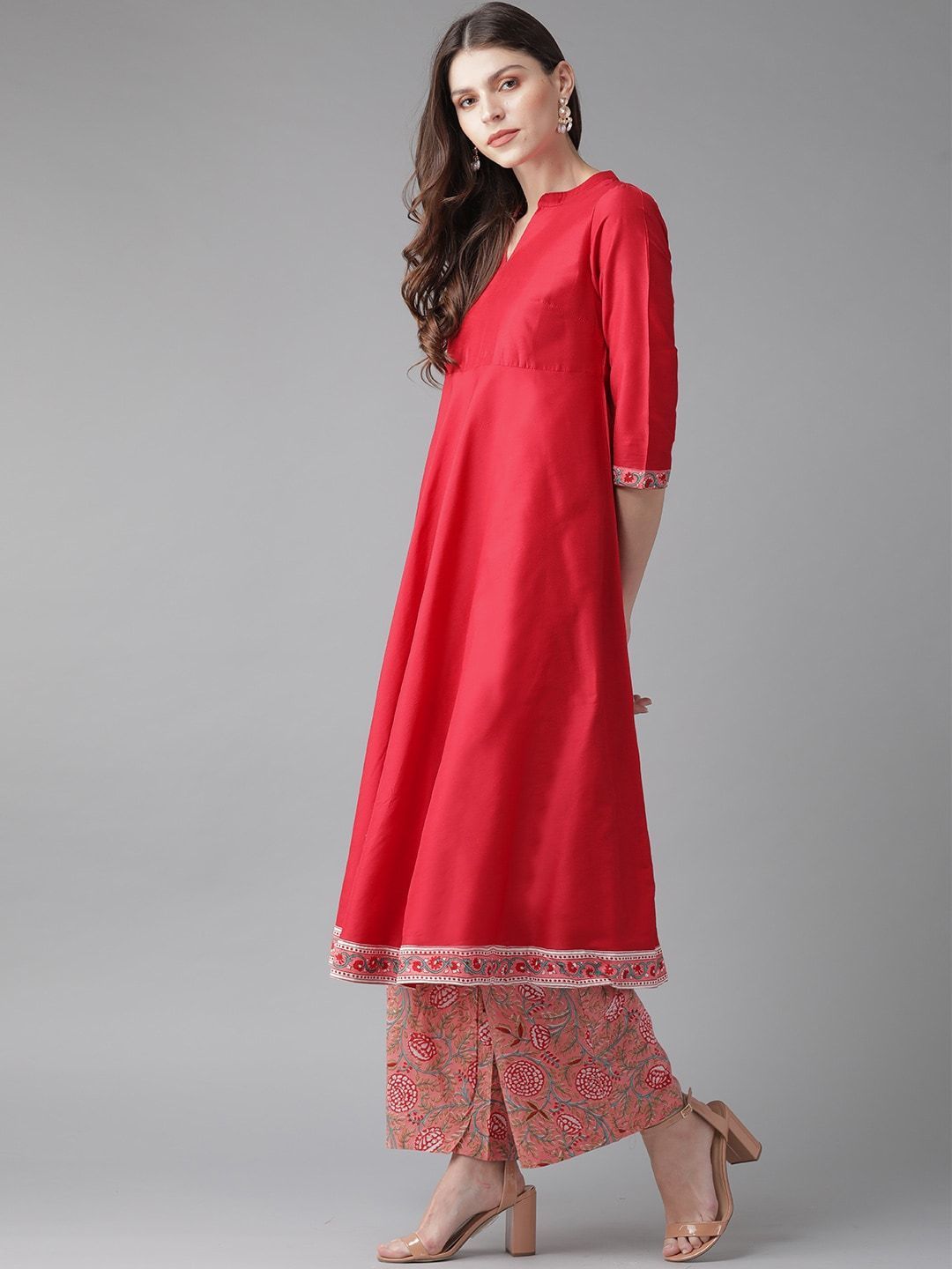 Women's  Red & Pink Solid Kurta with Palazzos & Dupatta