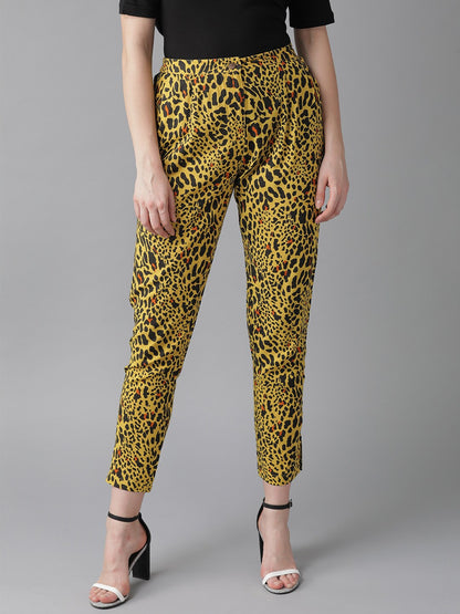 Women's Yellow Animal Print Cigarette Trouser