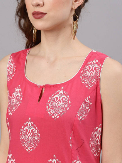 Women's  Pink and Silver Khari print Kurta with solid Palazz
