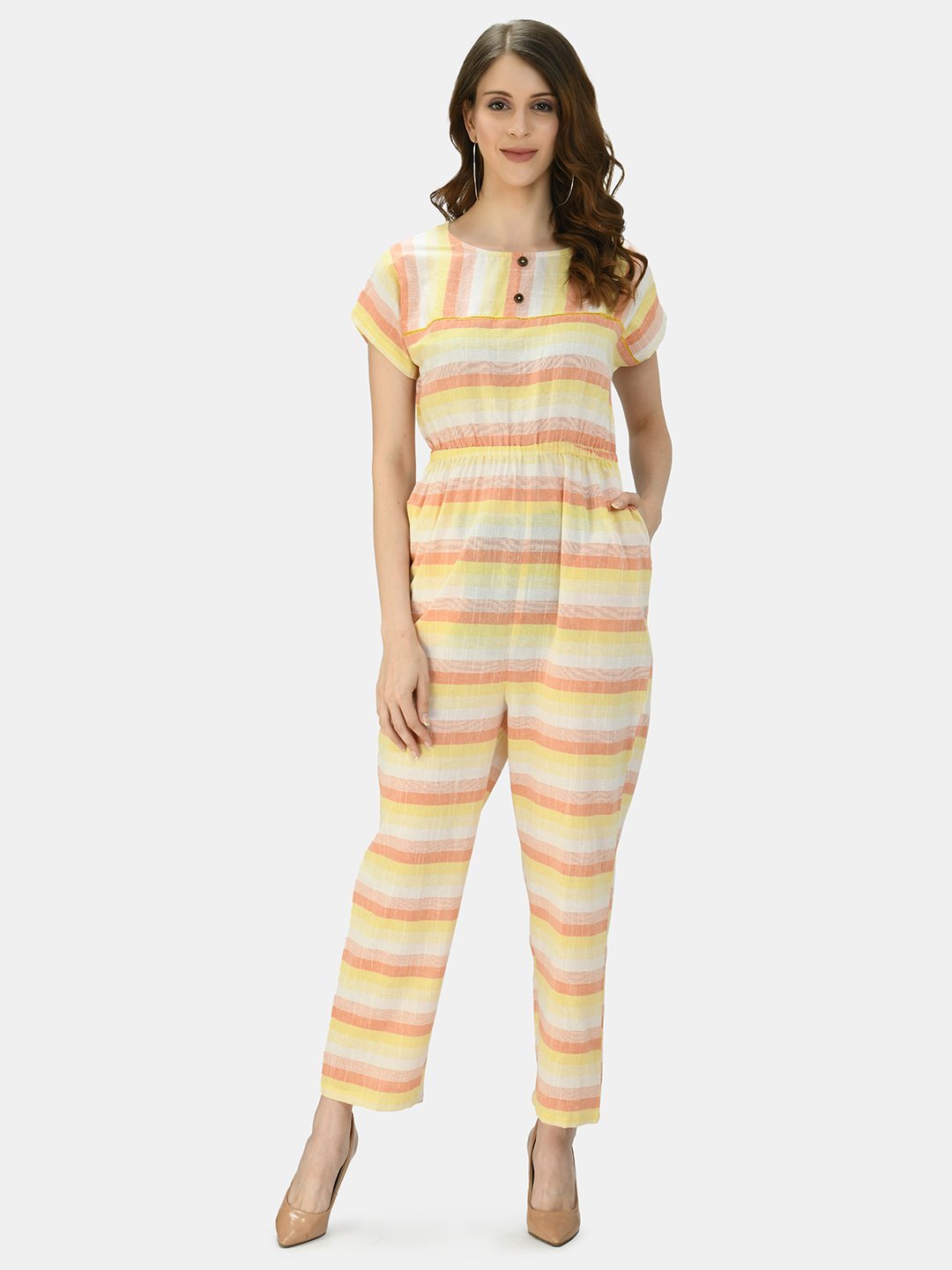 Women's Multicolor Cotton Printed Short Sleeve Round Neck Casual Jumpsuit
