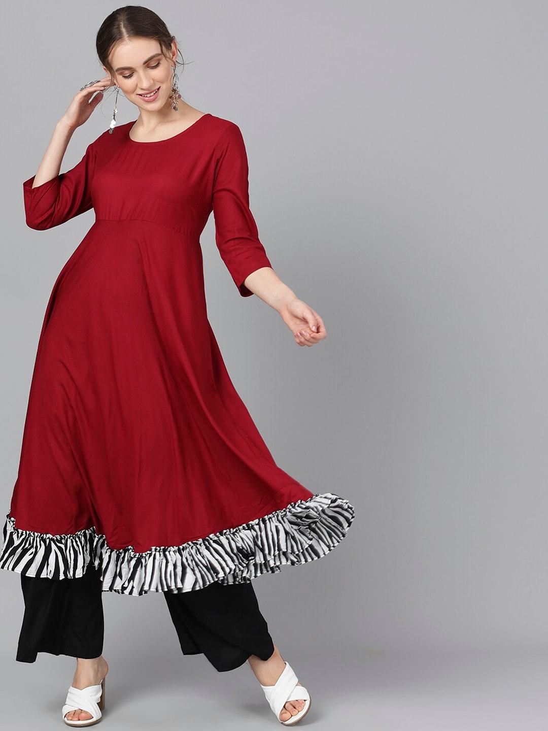 Women's  Maroon Black Solid Anarkali Kurta