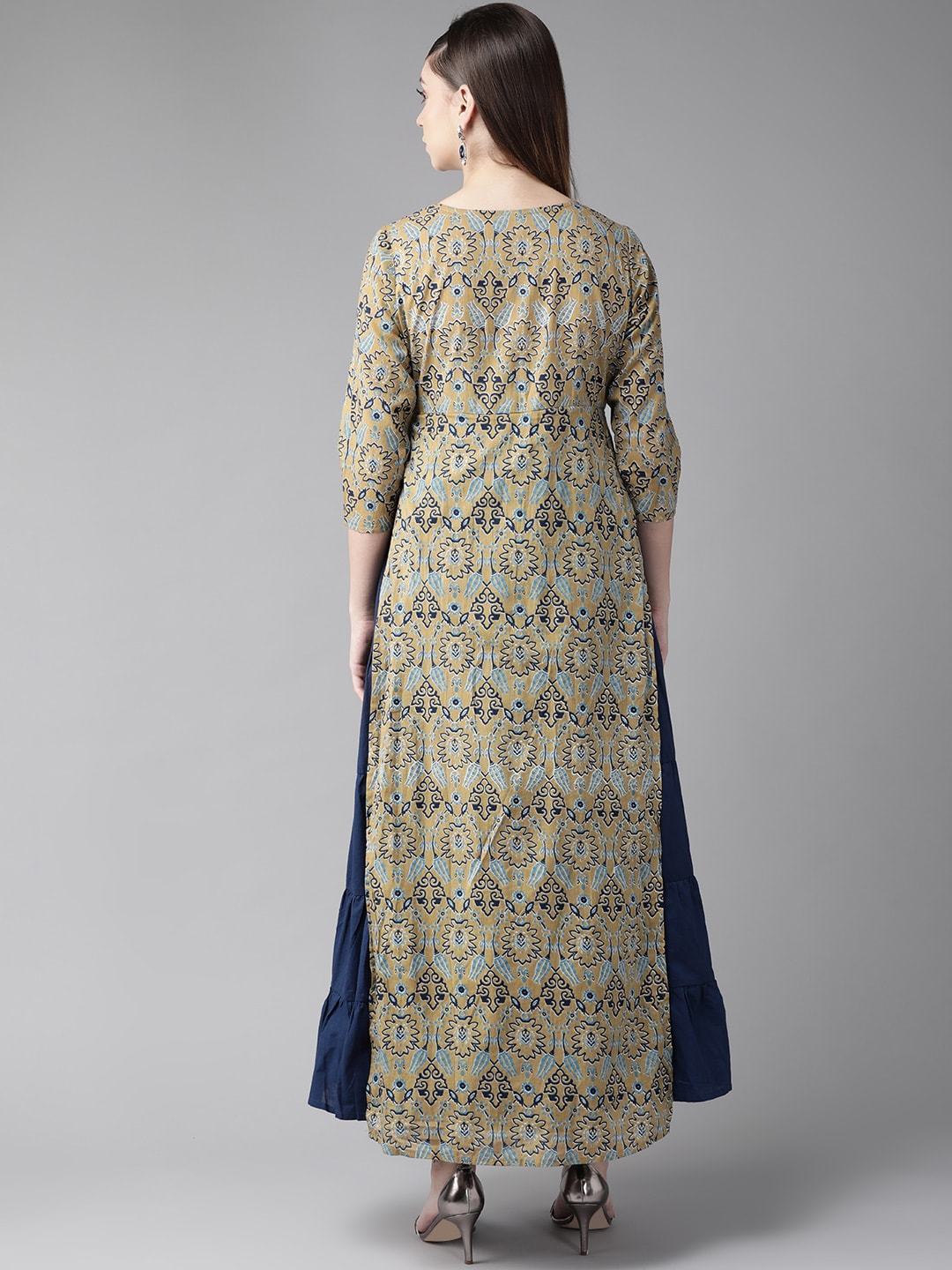 Women's  Navy Blue & Beige Printed Layered Maxi Dress