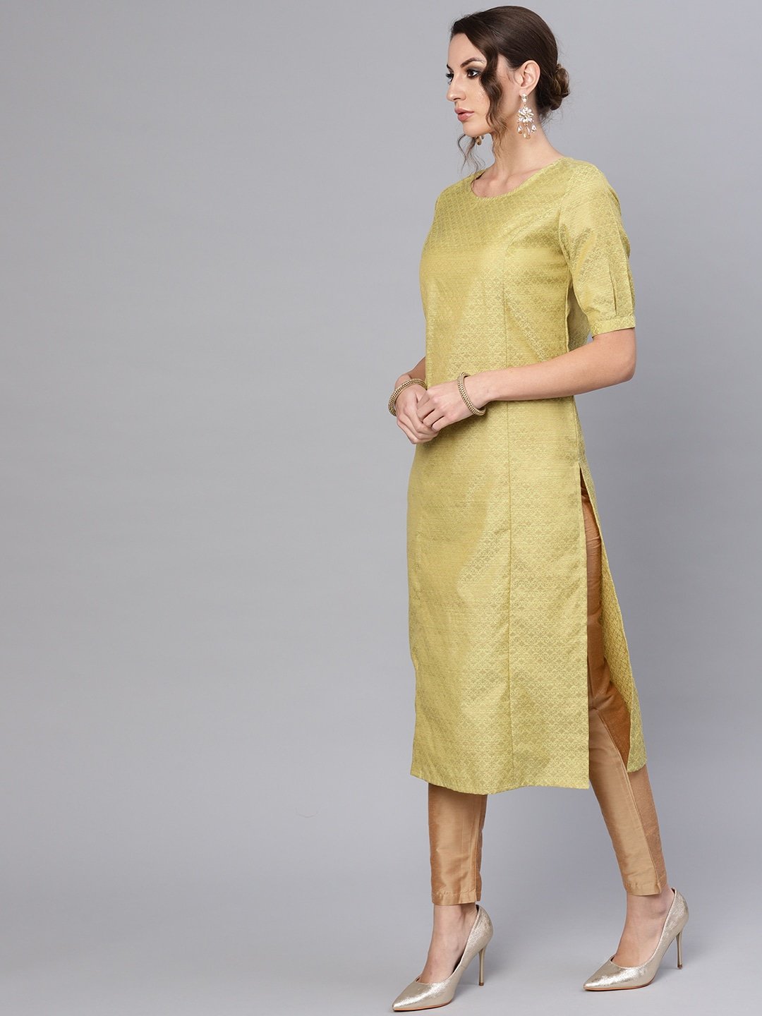 Women's  Green & Golden Woven Design Straight Kurta