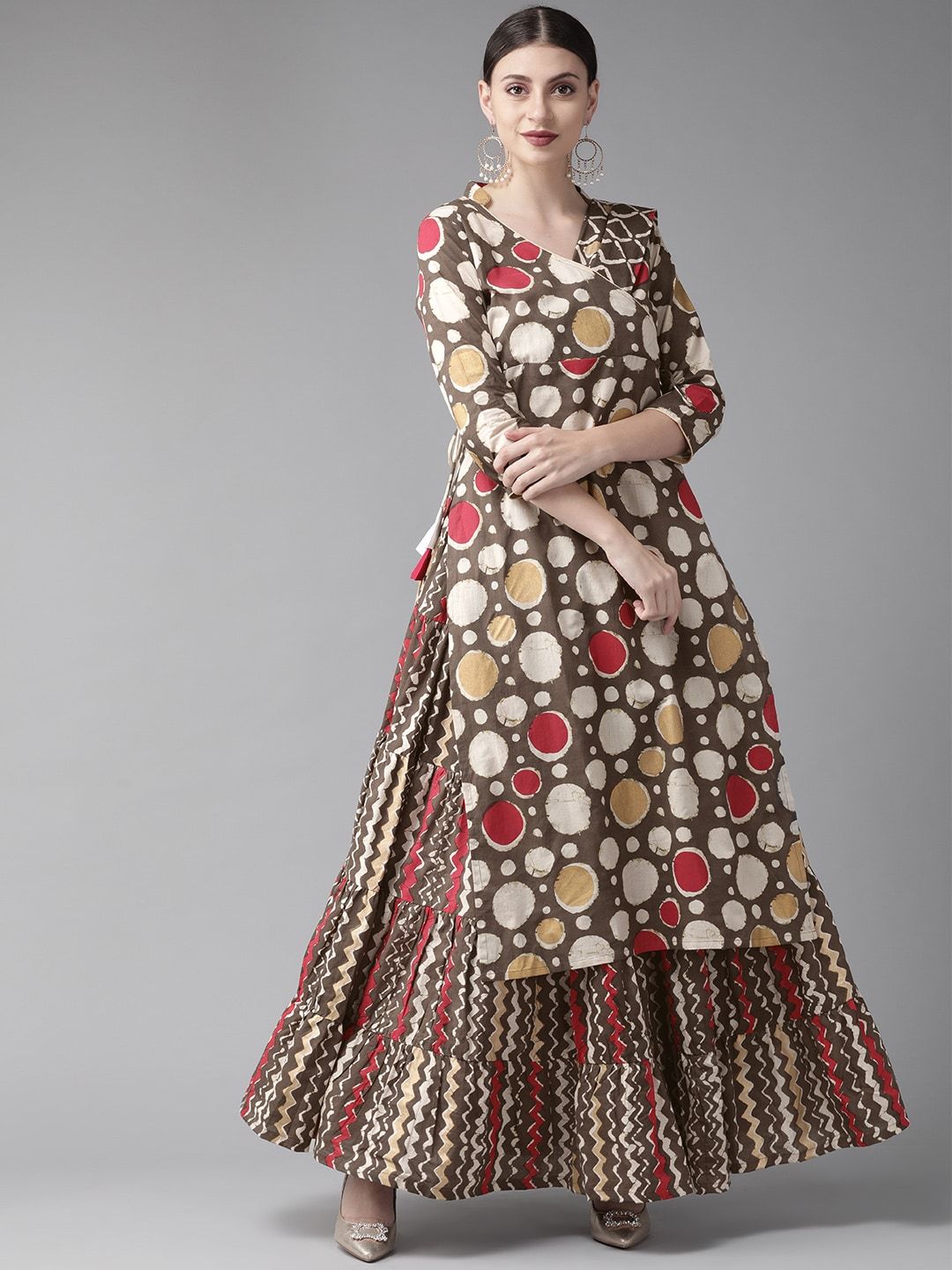 Women's  Coffee Brown & Off-White Printed Angrakha Kurta with Skirt & Attached Pallu